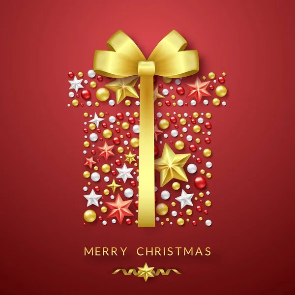 Fondo de caja de regalo de Navidad con arco brillante, estrellas y bolas de colores. Feliz Navidad ilustración tarjeta sobre fondo rojo — Vector de stock