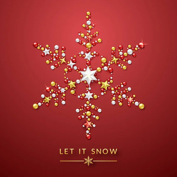 Fondo de copo de nieve con estrellas brillantes, arco y bolas de colores. Feliz Navidad ilustración tarjeta sobre fondo rojo . — Archivo Imágenes Vectoriales