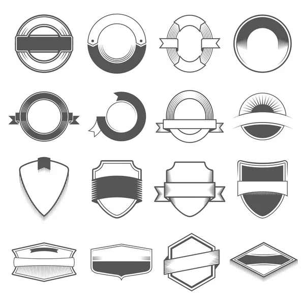 Conjunto de dieciséis insignias, logotipos, bordes, cintas, emblema, sello y objetos. Estilo monocromo — Vector de stock