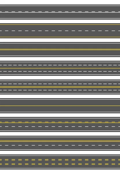 Naadloze set van negen verschillende wegmarkering. Bovenaanzicht van horizontale rechte geasfalteerde wegen. Sjablonen met verschillende witte en gele markering, asphalt bestrating en naadloze randen — Stockvector