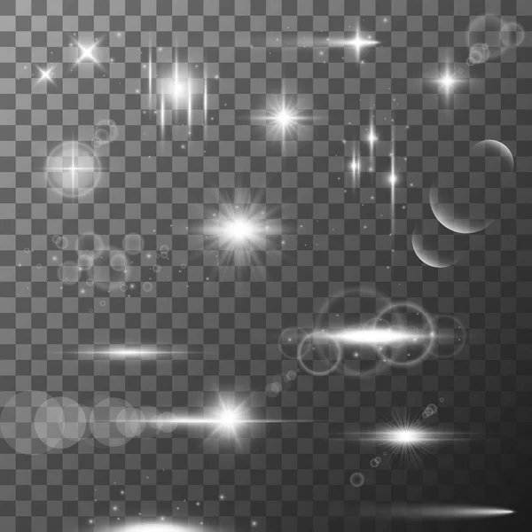 Coleção de efeitos de luz de chama diferentes. Flares de lente, raios, estrelas e brilhos com coleção bokeh. Efeito de luz transparente vetorial — Vetor de Stock