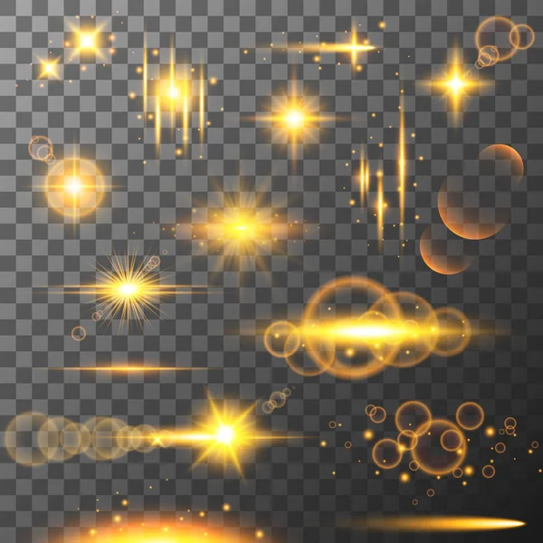 Collection of different flare light effects. Lens flares, rays, stars and sparkles with bokeh collection. Vector transparent light effect — Stock Vector