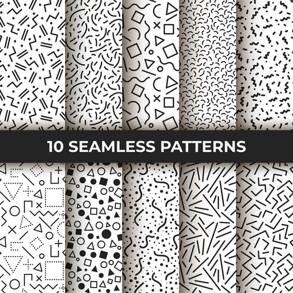 10 のシームレス パターンのセットです。レトロなメンフィス幾何学的なライン形状。レトロなファッション スタイル 80 年代。黒と白の抽象的な寄せ集めのテクスチャ。モザイク曲線、ジグザグ線、ダッシュ テクスチャ — ストックベクタ