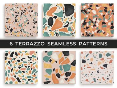 Altı sorunsuz terrazzo şekilleri. El hazırlanmış ve benzersiz desenler arka plan yinelenen. Granit dokulu şekiller canlı renkler
