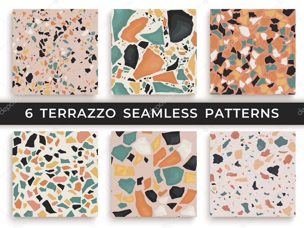 Six seamless terrazzo patterns. Hand crafted and unique patterns repeating background. Granite textured shapes in vibrant colors