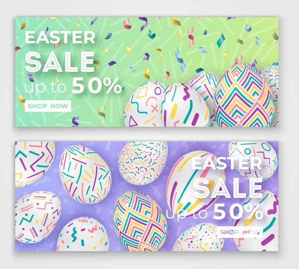 Velikonoční bannery s 3d zdobenými vejci na zelené a fialové s písmeny. Roztomilý vektor velikonoční pozadí — Stockový vektor