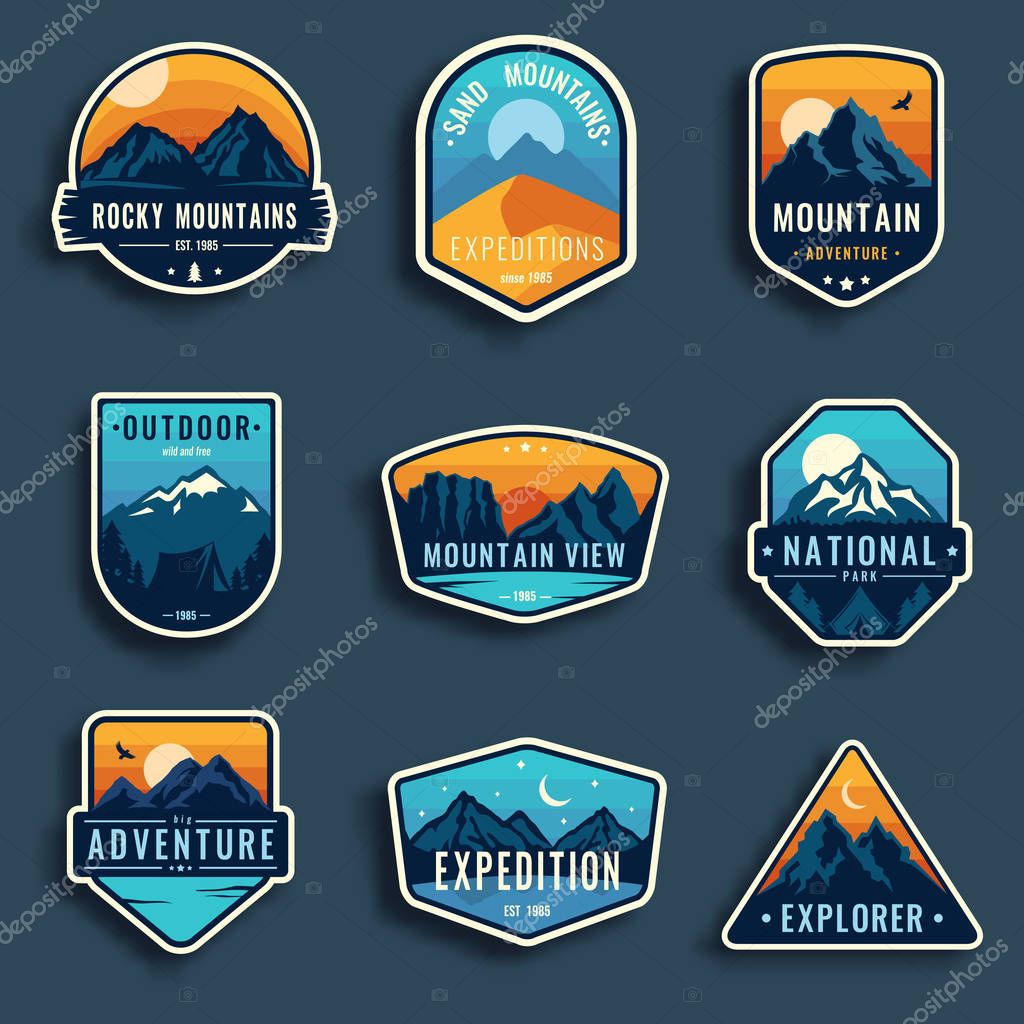 Set of nine mountain travel emblems. Camping outdoor adventure emblems, badges and logo patches. Mountain tourism, hiking. Forest camp vector labels in vintage style