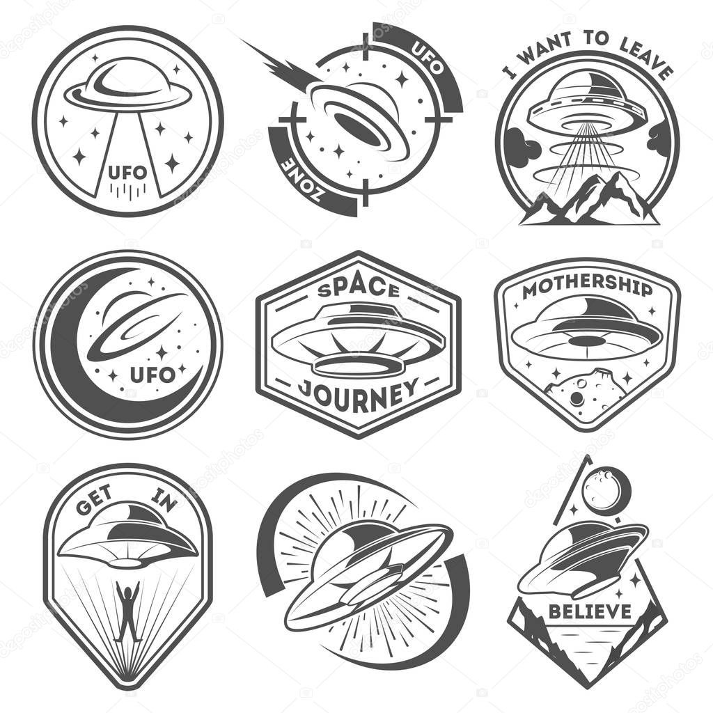 Alien spaceship, spacecrafts and ufo emblems set. Cosmic ship in form saucer for transportation. Monochrome UFO badges vector set