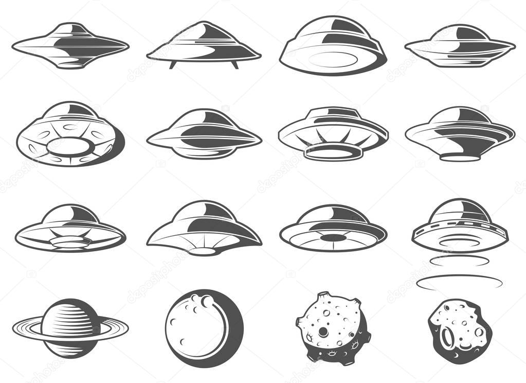 Alien spaceship, spacecrafts and ufo set. Cosmic ship in form saucer for transportation. Monochrome UFO Elements Set