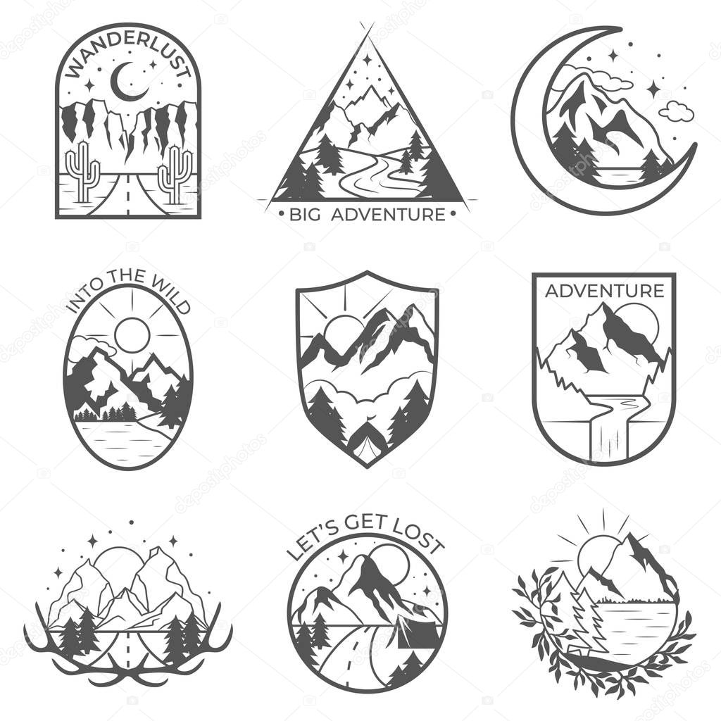 Set of nine vector mountain and outdoor adventures badges. Templates and badges with mountains, trees, tent