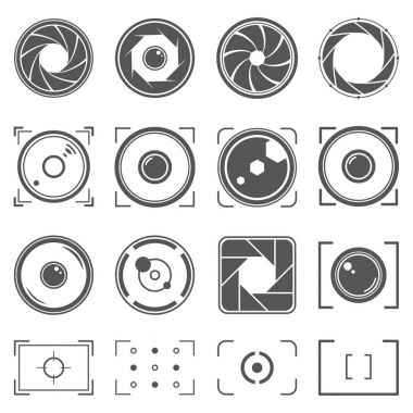 Kamera çekim, mercek ve fotoğraf kamera öğeleri kümesi. Diyafram ve fotoğraf illüstrasyon. Fotoğraf kavramı simge kümesi