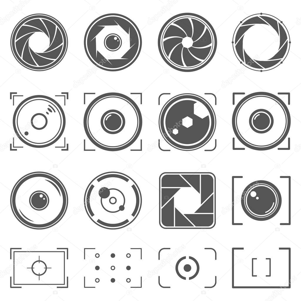 Camera shutter, lenses and photo camera elements set. Aperture and photography illustration. Set of photography concept symbol