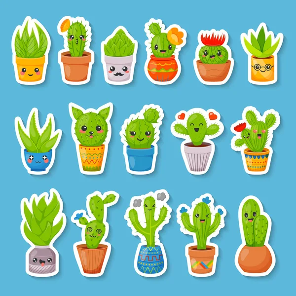 Sada 16 samolepky roztomilý kreslený kaktusy a sukulenty. Kawaii kaktusy s ksichty do různých nádob — Stockový vektor