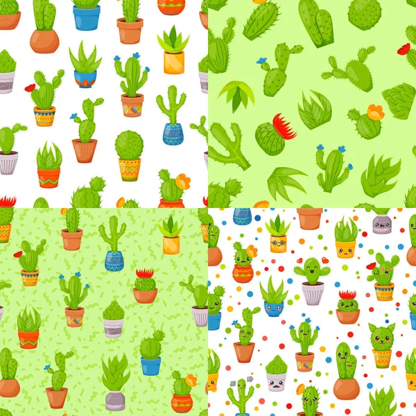 Négy varrat nélküli minták a kaktuszok és pozsgás növények gyűjteménye. Aranyos rajzfilm kaktusz gyűjtemény. Növények és kaktuszok absztrakt természetes háttér — Stock Vector