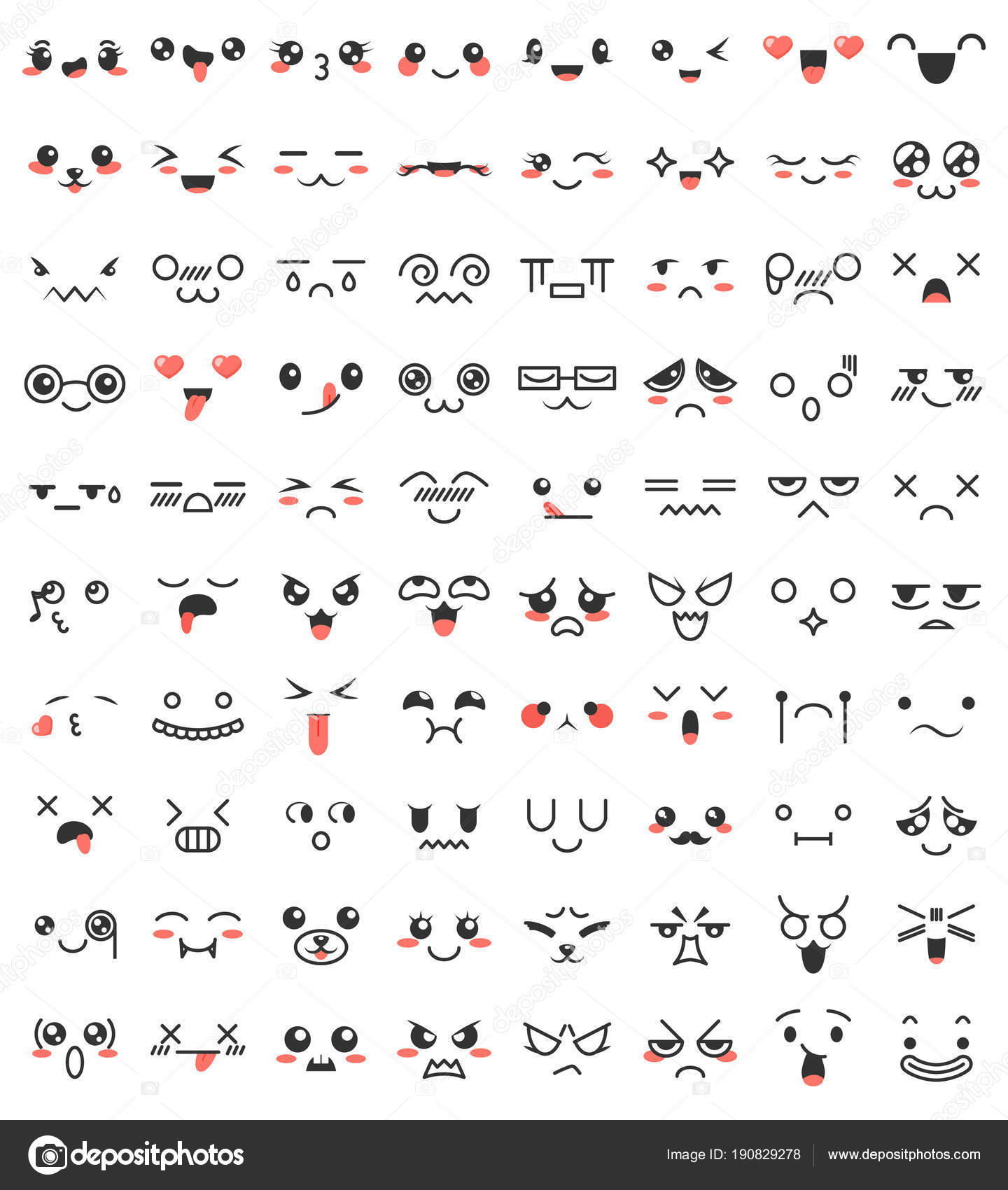 Collection of cute lovely kawaii eyes and mouths. Doodle cartoon ...