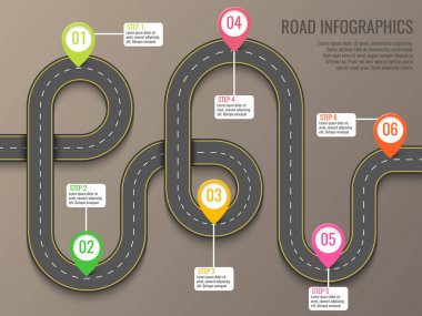 Yol haritası işaretçileri kullanarak Infographics şablonu. Üstten Görünüm vektör öğeleri. Yola gidiyoruz. İş ve yolculuk Infographic tasarım şablonu bayraklı. Kahverengi bir arka plan üzerinde dolambaçlı yol