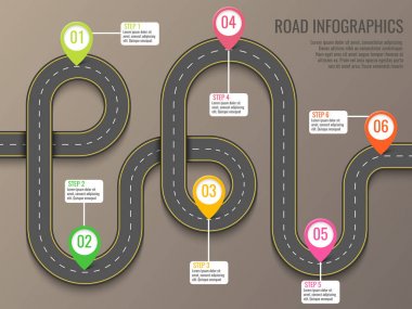 Infographics template with road map using pointers. Top view vector elements. Road trip. Business and journey infographic design template with flags. Winding road on a brown background clipart
