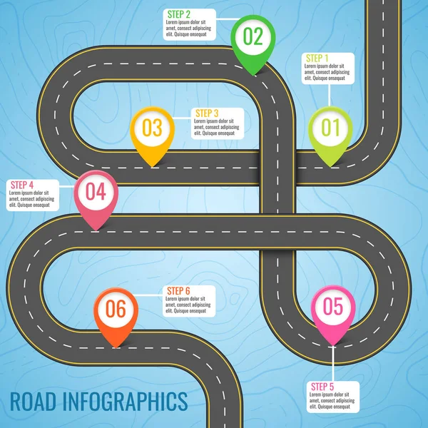 Infographics mall med färdplanen använder pekare. Ovanifrån vector-element. Roadtrip. Affärs- och resa infographic formgivningsmall med flaggor. Slingrande väg på en blå bakgrund — Stock vektor