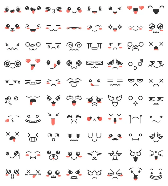 Ağzı ve gözleri sevimli güzel kawaii topluluğu. Karikatür yüzler manga tarzı doodle. Şirin surat emoji karakter. Duygu gülümseme çizgi film