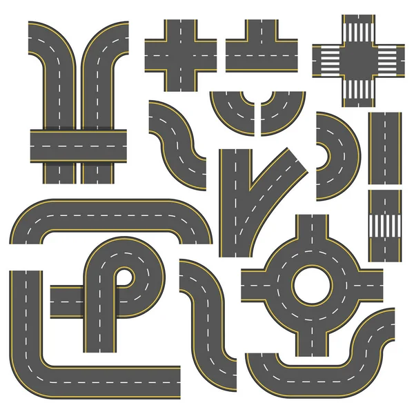 Road elements. Collection of connectable highway elements. Top view vector elements. Part of road highway, illustration highway road for traffic — Stock Vector