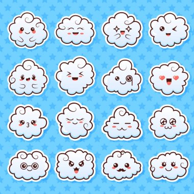 Sevimli güzel kawaii bulutlar topluluğu. Çizgi film bulutlar manga tarzı yüzleri ile doodle. Şirin surat emoji çizilmiş karakterler ver. Duygu gülümseme çizgi film