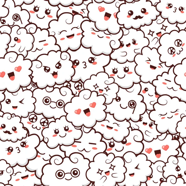 Nahtloses Muster mit niedlichen Kawaii-Wolken. Doodle-Cartoon-Wolken mit Gesichtern im Manga-Stil. Niedliche Emoticon Emoji handgezeichnete Zeichen. Emotionaler Lächeln-Cartoon — Stockvektor