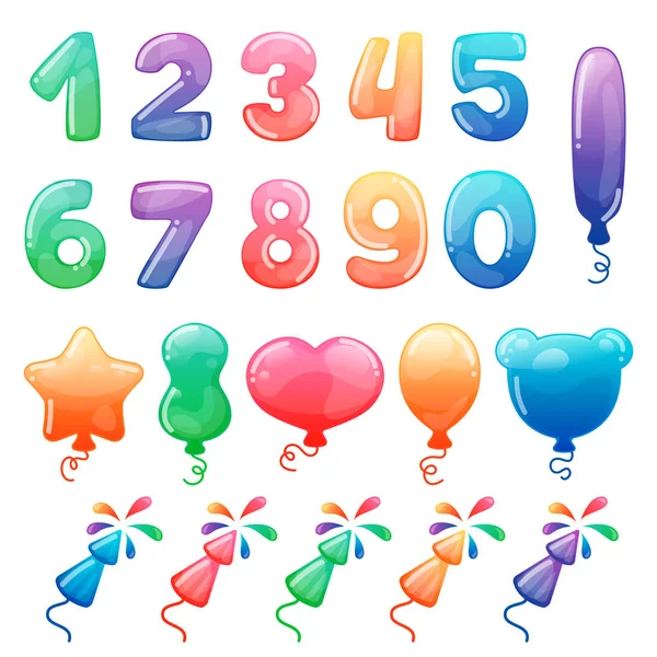 Σύνολο των κινούμενων σχεδίων τους αριθμούς χρωμάτων, μπαλόνια και πυροτεχνήματα. Rainbow candy και γυαλιστερό αστείο καρτούν σύμβολα. Συλλογή από σύμβολα διαφορετικό στις διακοπές — Διανυσματικό Αρχείο