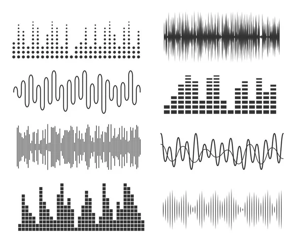 Soubor zvuku hudebních vln. Hudební pulse audio technologie nebo zvukové grafy. Hudební ekvalizér vlnění — Stockový vektor
