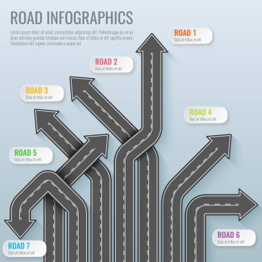 Yol haritası Infographics şablonu. Üstten Görünüm vektör öğeleri. Yola gidiyoruz. İş ve yolculuk Infographic tasarım şablonu. Gri bir arka plan üzerinde dolambaçlı yol