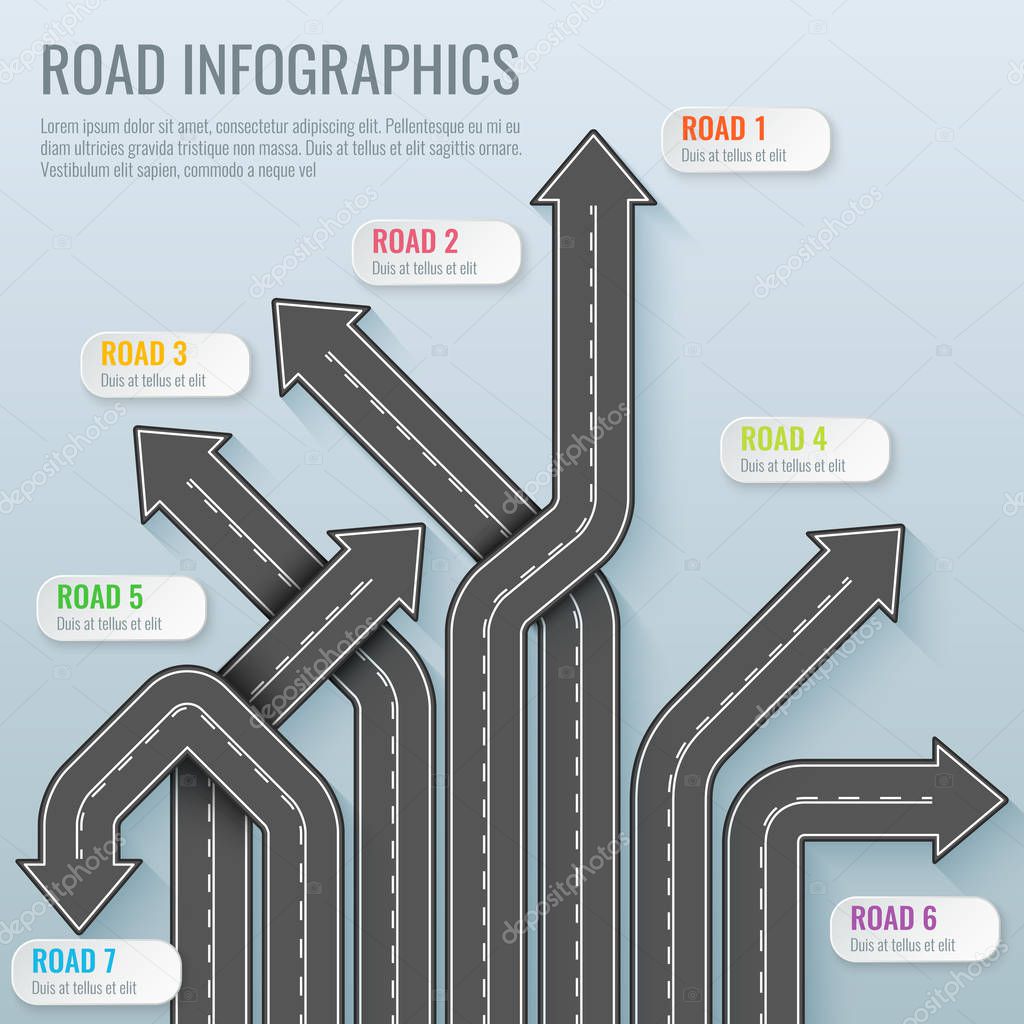 Infographics template with road map. Top view vector elements. Road trip. Business and journey infographic design template. Winding road on a gray background