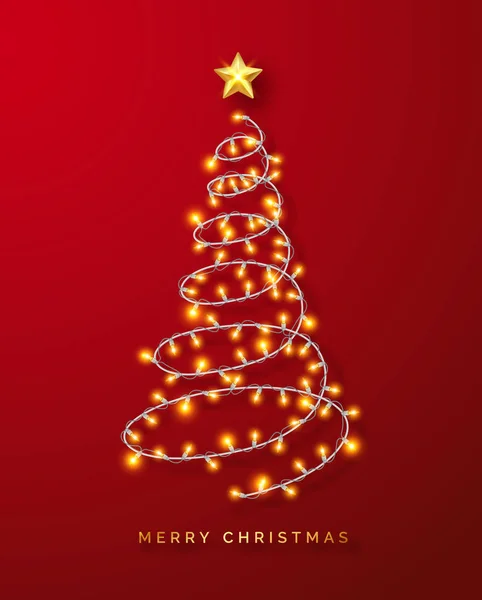 Brillante corona de luces navideñas sobre fondo rojo. Tarjeta de felicitación de Año Nuevo. Guirnalda en forma de árbol de Navidad — Vector de stock