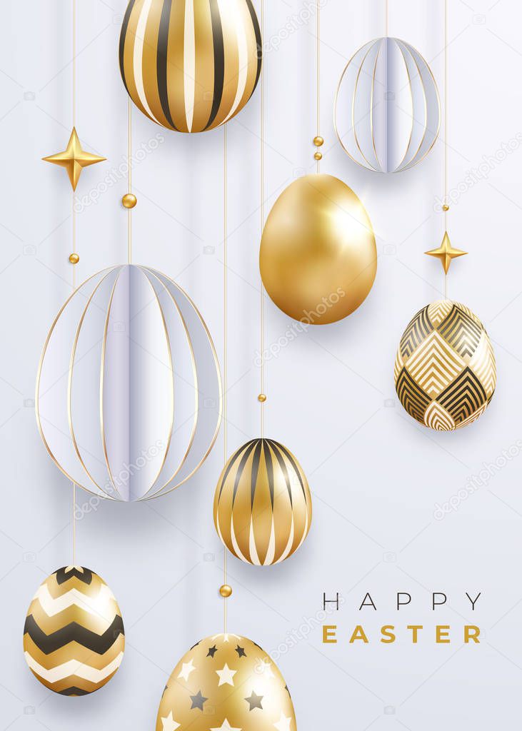 Easter holiday background with realistic golden decorated eggs, stars balls and text. Poster, flyer, banner on light background. Decorations hanging in the air