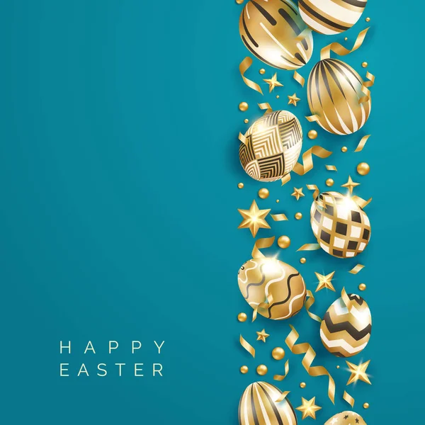 Пасхальный синий фон с реалистично оформленными золотыми яйцами, лентами, звездами, мячами и текстом. Минималистичный дизайн. Праздничный плакат, флаер, баннер, поздравительная открытка — стоковый вектор