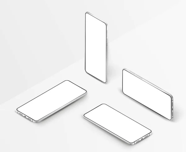 Set weißer, realistischer isometrischer Smartphones. 3D-Mobiltelefone mit weißem Bildschirm. Moderne Handys Vorlage auf weißem Hintergrund. Mobiltelefone in verschiedenen Blickwinkeln — Stockvektor
