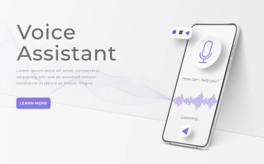 Beyaz gerçekçi 3D akıllı telefon. Ses asistanı konsepti. Tuşları ve ses dalgaları olan mobil uygulama bilgi şablonu. Ses denetimi illüstrasyonu için arayüz