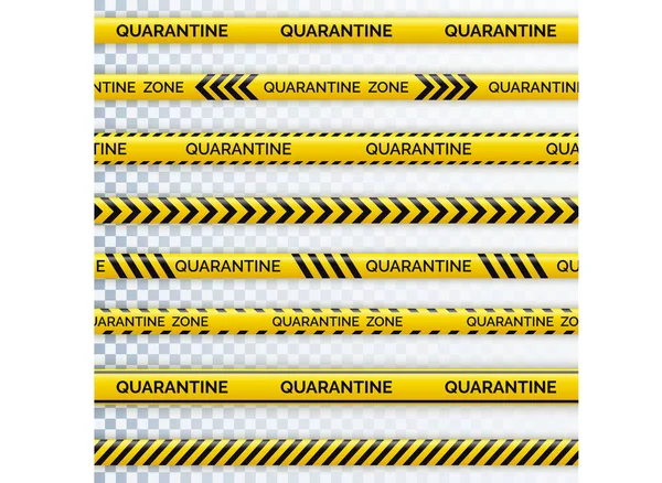 Quarantena con nastro adesivo. Recinzione a nastro. Strisce diagonali nero e giallo. Epidemica covid-19 nastro arancione con iscrizione di quarantena — Vettoriale Stock