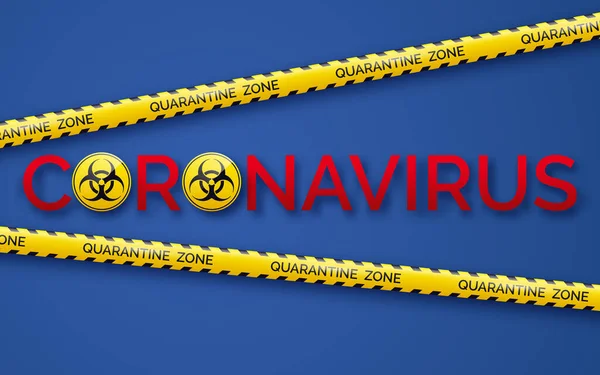 Zona di quarantena con nastro adesivo, segni di pericolo biologico e coronavirus. Recinzione a nastro. Pandemia covid-19 nastro giallo con iscrizione di quarantena su sfondo blu — Vettoriale Stock