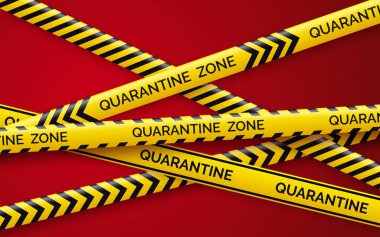 Tehlike bandı karantinası. Uyarı bandı eskrimi. Siyah ve sarı köşegen çizgiler. Karantina yazıtlı epidemik covid-19 turuncu bant