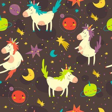 Farklı pozlarda komik tek boynuzlu atlarla kusursuz desen. Kozmosta midilli. Vektör, resimleme.