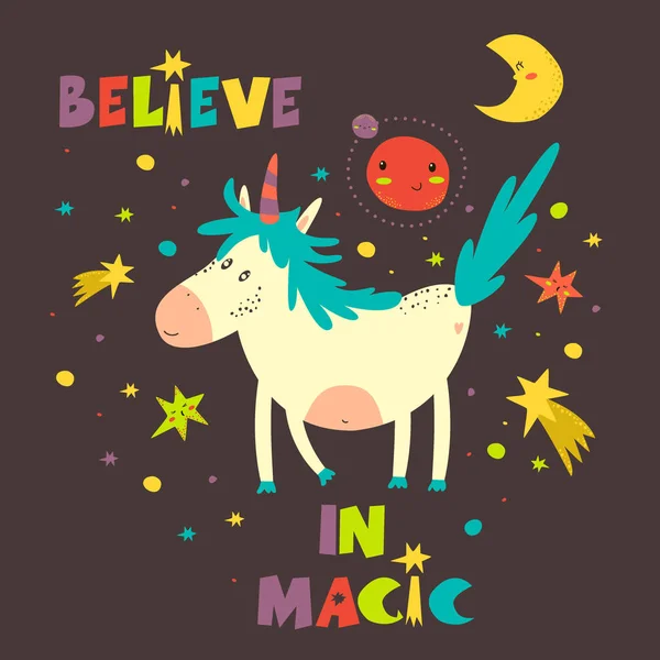 Affiche Avec Licorne Marche Dans Cosmos Illustration Vectorielle — Image vectorielle