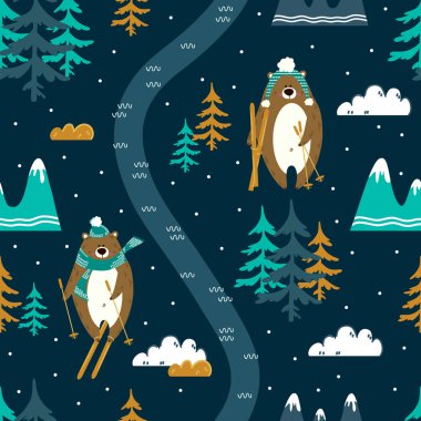 Yeni yıl ormanlarında ayı kayağı ile kusursuz bir düzen. Vektör, yansıtma.