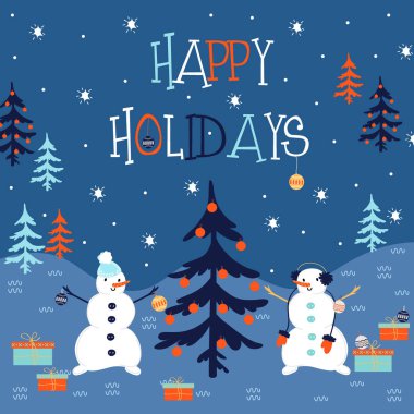 Yeni yıl ağacı ve kardan adamların olduğu bir kış posteri. Vektör, resimleme