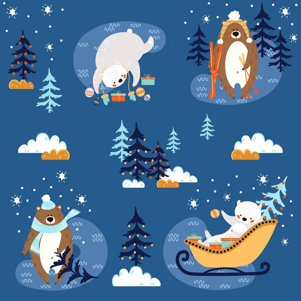Σετ Πολύχρωμες Αρκούδες Χειμώνα Γιορτάζει Νέο Έτος Διάνυσμα Απεικόνιση — Διανυσματικό Αρχείο