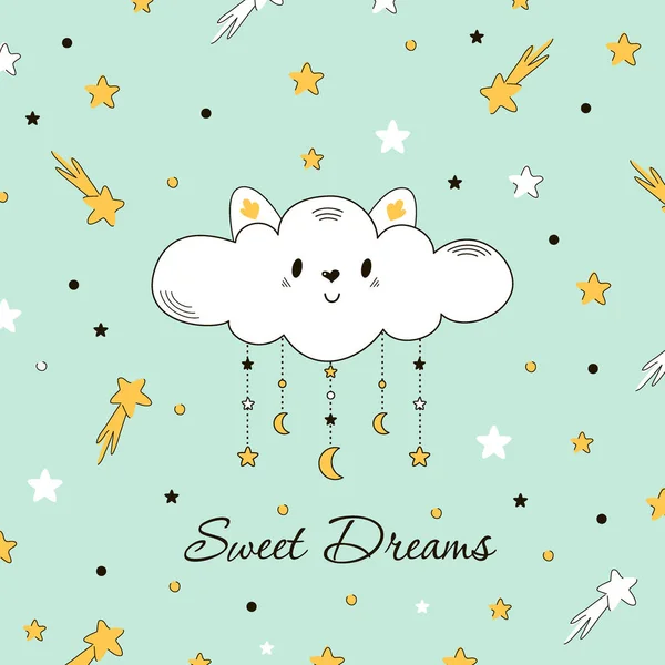 Good Night Card Cute Happy Kitty Cloud Stars Comets Sweet — Stock vektor