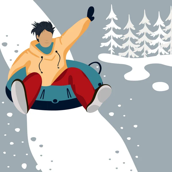 Αγόρι Κατεβαίνει Βουνό Ένα Σωλήνα Χειμερινή Αθλητική Απεικόνιση Ακραίες Δραστηριότητες — Διανυσματικό Αρχείο