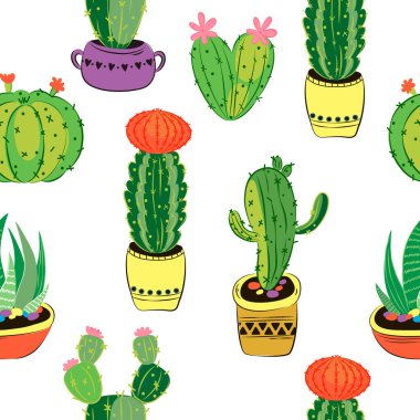 Renkli kaktüslü kusursuz bir desen. Egzotik bitki koleksiyonu. Vektör, resimleme.