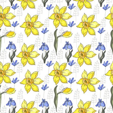 Sarı nergis ve mavi çuha çiçeği ile dikişsiz çiçek süsü. Tasarım, kumaş, dekor için sonsuz doku.