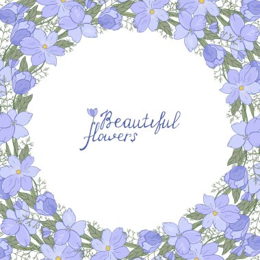 Taze çiçekli yuvarlak bir çelenk. Şenlik tasarımları için dekoratif çiçek çerçevesi. Metnin için yer var..