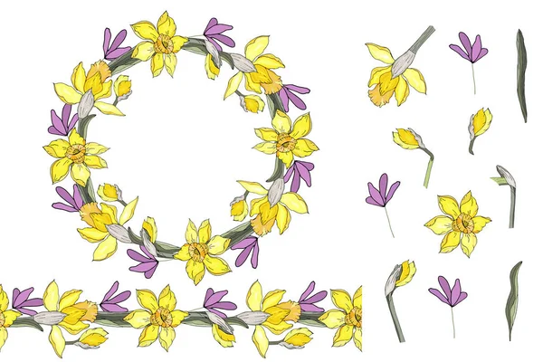 Ghirlanda Rotonda Primule Viola Narcisi Elementi Floreali Tuo Design Spazzola — Vettoriale Stock