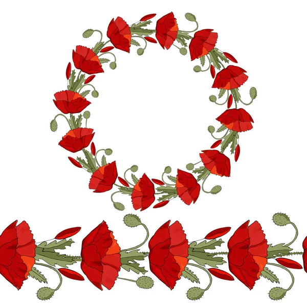 圆形花环与罂粟 节日设计的装饰花框 无缝刷 — 图库矢量图片